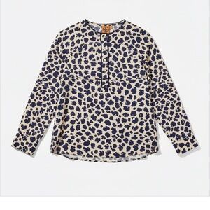 Tory Burch Silk Leopard Print Blouse Cream Blue Long Sleeve Top Size 10